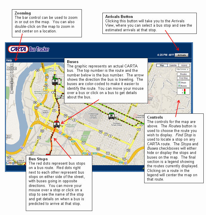 Zooming - The bar control can be used to zoom in or out on the map.  You can also double-click on the map to zoom in and center on a location. Buses - The graphic represents an actual CCB bus.  The top number is the route and the number below is the bus number.  The arrow shows the direction the bus is traveling.  The buses are color-coded to make it easier to identify the route. You can move your mouse over a bus or click on a bus to get details about the bus. Bus Stops - The red dots represent bus stops on a bus route.  Red dots right next to each other represent bus stops on either side of the street, with buses going in opposite directions.  You can move your mouse over a stop or click on a stop to see the name of the stop and get details on when a bus is predicted to arrive at that stop. Controls - The controls for the map are above.  The Routes button is used to choose the route you wish to display.  Find Stop is used to locate a stop on any CCB route.  The Stops and Buses checkboxes will either hide or display the stops and buses on the map.  The final section is a legend showing the routes currently displayed.  Clicking on a route in the legend will center the map on that route.