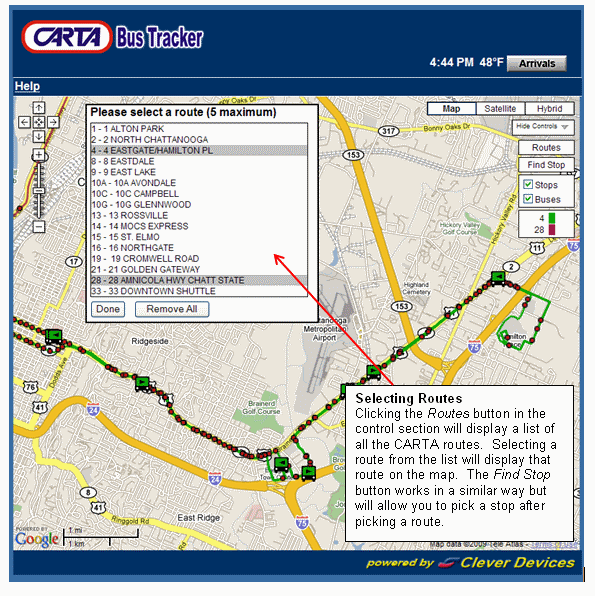 Selecting Routes - Clicking the Routes button in the control section will display a list of all the CCB routes.  Selecting a route from the list will display that route on the map.  The Find Stop button works in a similar way but will allow you to pick a stop after picking a route.